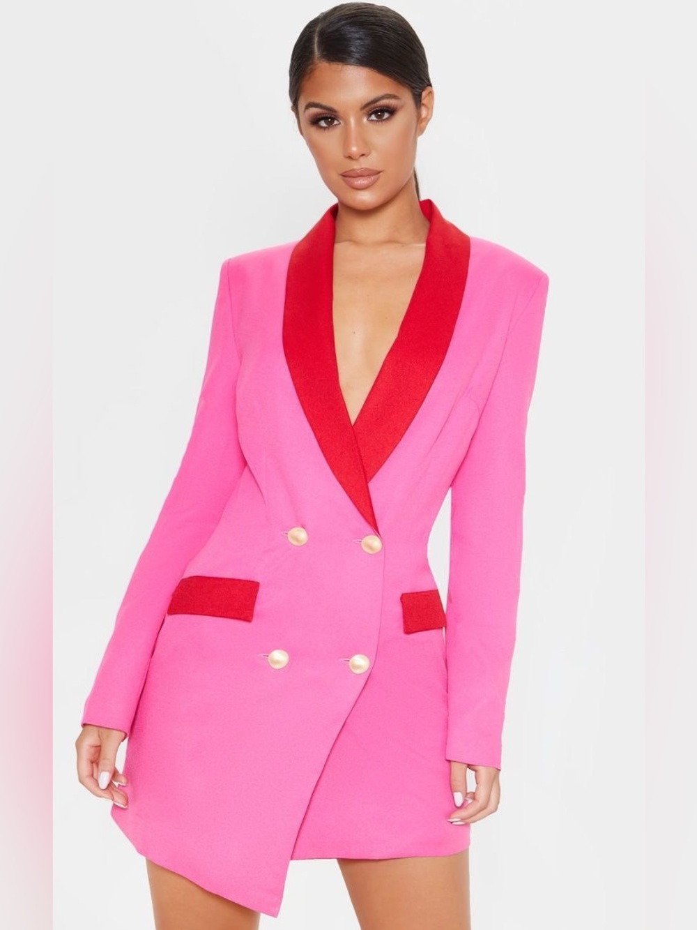 PrettyLittleThing Hot Pink Blazer Dress with Red Trim